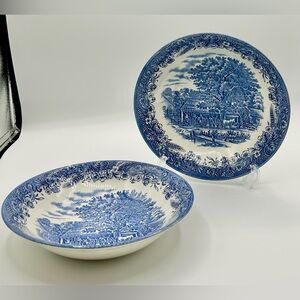Vintage Churchill White Blue Oxen Harvest Ceramic Soup Salad Bowls 9" Set of 2